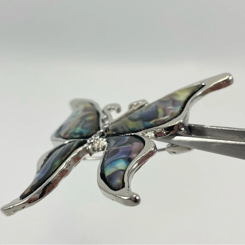 Silver Tone Faux Abalone Pearl Butterfly Brooch Pin Boho Vintage Look Statement